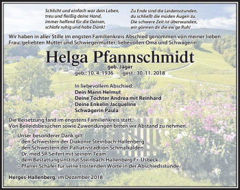 Traueranzeige von Helga Pfannschmidt von Südthüringer Presse