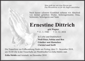 Traueranzeige von Ernestine Dittrich von Südthüringer Presse