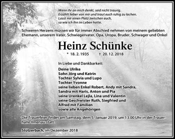 Traueranzeige von Heinz Schünke von Südthüringer Presse