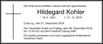 Traueranzeige von Hildegard Kohler von Neue Presse Coburg
