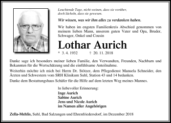 Traueranzeige von Lothar Aurich von Südthüringer Presse