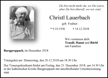Traueranzeige von Christl Lauerbach von Neue Presse Coburg