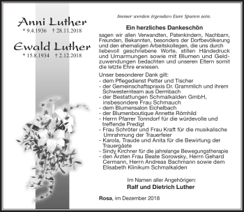 Traueranzeige von Anni und Ewald Luther von Südthüringer Presse