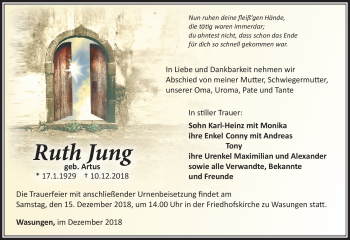 Traueranzeige von Ruth Jung von Südthüringer Presse