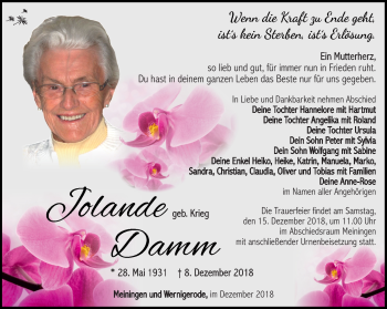 Traueranzeige von Jolande Damm von Südthüringer Presse