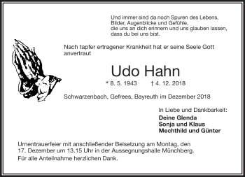 Traueranzeige von Udo Hahn von Frankenpost