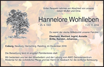 Traueranzeige von Hannelore Wohlleben von Neue Presse Coburg