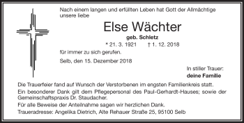 Traueranzeige von Else Wächter von Frankenpost