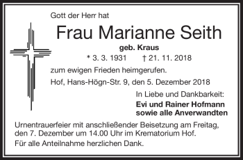 Traueranzeige von Marianne Seith von Frankenpost