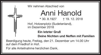 Traueranzeige von Anni Hanold von Frankenpost