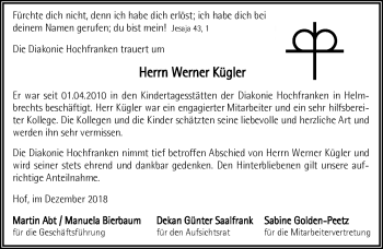 Traueranzeige von Werner Kügler von Frankenpost