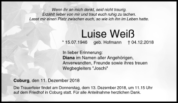 Traueranzeige von Luise Weiß von Neue Presse Coburg
