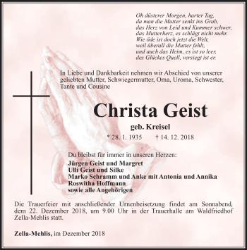 Traueranzeige von Christa Geist von Südthüringer Presse