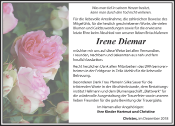 Traueranzeige von Irene Diemar von Südthüringer Presse