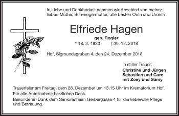 Traueranzeige von Elfriede Hagen von Frankenpost