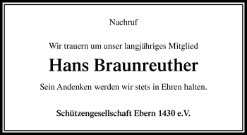 Traueranzeige von Hans Braunreuther von Neue Presse Coburg