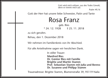 Traueranzeige von Rosa Franz von Frankenpost