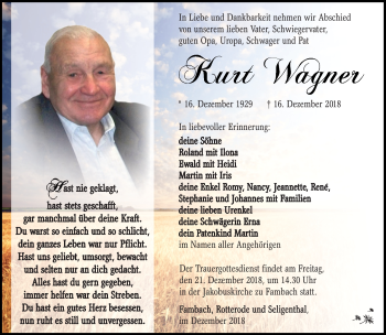 Traueranzeige von Kurt Wagner von Südthüringer Presse