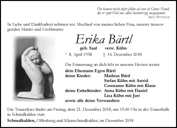 Traueranzeige von Erika Bärtl von Südthüringer Presse