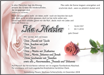Traueranzeige von Ida Metzler von Südthüringer Presse