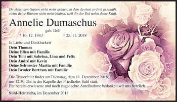 Traueranzeige von Annelie Dumaschus von Südthüringer Presse
