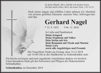 Traueranzeige von Gerhard Nagel von Südthüringer Presse