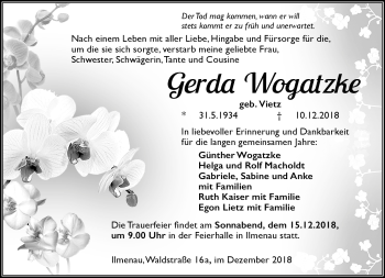 Traueranzeige von Gerda Wogatzke von Südthüringer Presse