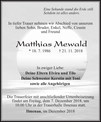Traueranzeige von Matthias Mewald von Südthüringer Presse