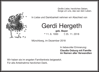 Traueranzeige von Gerdi Hergeth von Frankenpost
