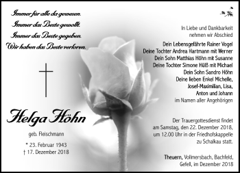 Traueranzeige von Helga Höhn von Südthüringer Presse