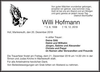 Traueranzeige von Willi Hofmann von Frankenpost