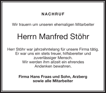 Traueranzeige von Manfred Stöhr von Frankenpost
