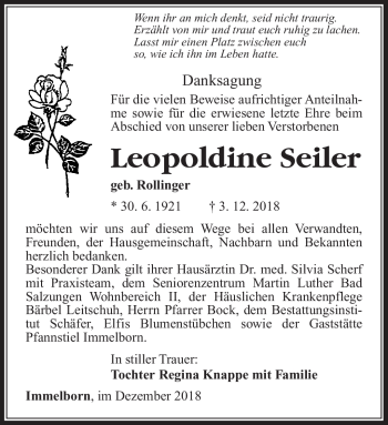 Traueranzeige von Leopoldine Seiler von Südthüringer Presse