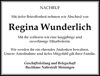 Traueranzeige von Regina Wunderlich von Südthüringer Presse