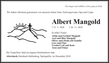 Traueranzeige von Albert Mangold von Südthüringer Presse