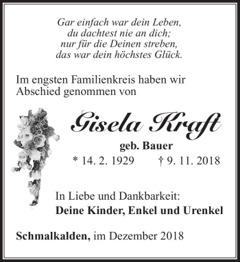 Traueranzeige von Gisela Kraft von Südthüringer Presse