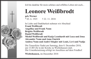 Traueranzeige von Leonore Weißbrodt von Südthüringer Presse