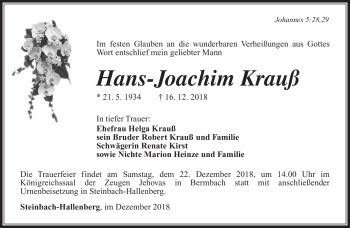 Traueranzeige von Hans-Joachim Krauß von Südthüringer Presse