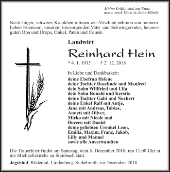 Traueranzeige von Reinhard Hein von Südthüringer Presse