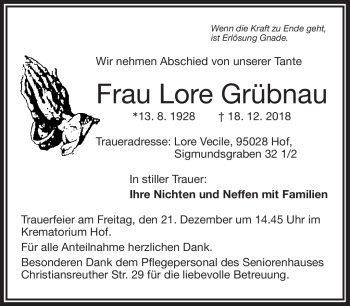 Traueranzeige von Lore Grübnau von Frankenpost