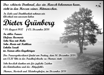 Traueranzeige von Dieter Grünberg von Südthüringer Presse