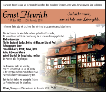 Traueranzeige von Ernst Heurich von Südthüringer Presse