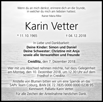 Traueranzeige von Karin Vetter von Neue Presse Coburg
