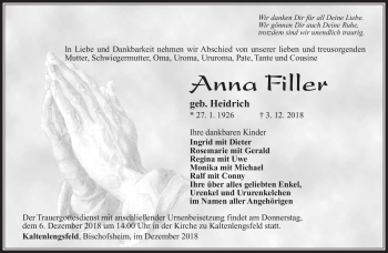 Traueranzeige von Anna Filler von Südthüringer Presse