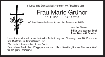 Traueranzeige von Marie Grüner von Frankenpost