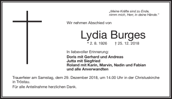 Traueranzeige von Lydia Burges von Frankenpost