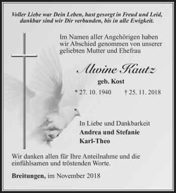 Traueranzeige von Alwine Kautz von Südthüringer Presse