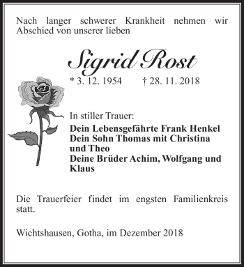 Traueranzeige von Sigrid Rost von Südthüringer Presse