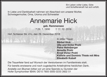 Traueranzeige von Annemarie Hick von Frankenpost