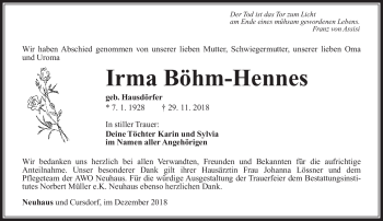 Traueranzeige von Irma Böhm-Hennes von Südthüringer Presse